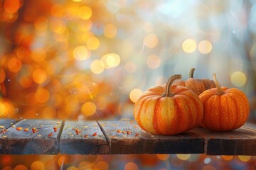 Wall Mural - Yellow Pumpkins on Wooden Table with Bokeh Autumn Background. Halloween or Thanksgiving Backdrop for Product Display