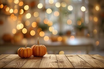 Wall Mural - Yellow Pumpkins on Wooden Table with Bokeh Autumn Background. Halloween or Thanksgiving Backdrop for Product Display