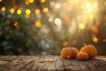 Wall Mural - Yellow Pumpkins on Wooden Table with Bokeh Autumn Background. Halloween or Thanksgiving Backdrop for Product Display