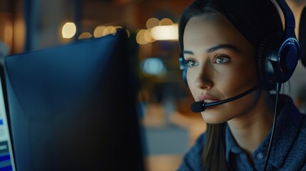 Wall Mural - A woman wearing a headset is sitting in front of a computer monitor