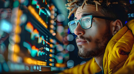 Poster - A man wearing glasses is looking at a computer screen with a lot of numbers on it. He is wearing a yellow jacket and he is focused on the screen