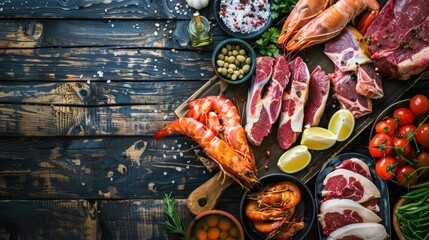 An overhead shot reveals a rustic wooden table laden with an abundant assortment of fresh seafood, succulent pork cuts, and richly marbled beef, showcasing a diverse array of culinary possibilities f