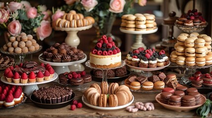 Sticker - A Wedding Cake Display With Macarons, Cupcakes, and Fresh Berries