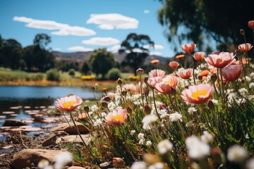 Serene scenario in the Canberra Botanical Garden, Australia, with native flora., generative IA