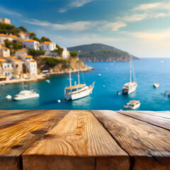 Wall Mural - empty wooden table with a view of the Mediterranean sea and boats in the background. Focus on the texture and details of the table and the vibrant sea.