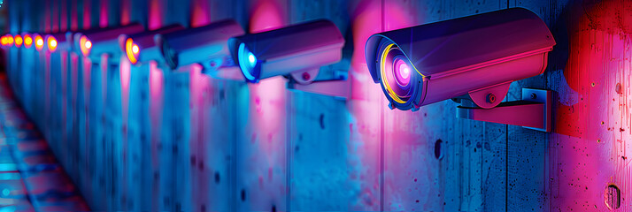 Poster - A row of security cameras are lit up in neon colors. The idea behind this image is to create a sense of security and surveillance in a public space