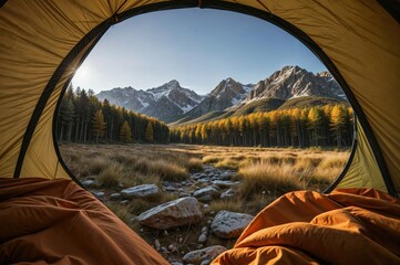 pov from a camping tent: scenic view of the mountains in the autumn