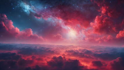 Sticker - Beautiful red clouds at blue sky, abstract background, fluffy red clouds at sunset