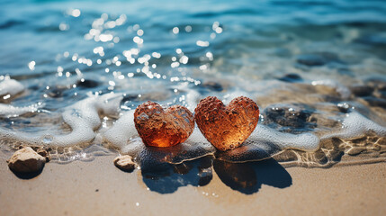 Perfect heart shape drawn in soft sand with a beautiful seascape background. A romantic Valentine's Day or love beach scene, captured from a top aerial view. Ideal for a honeymoon or summer travel.