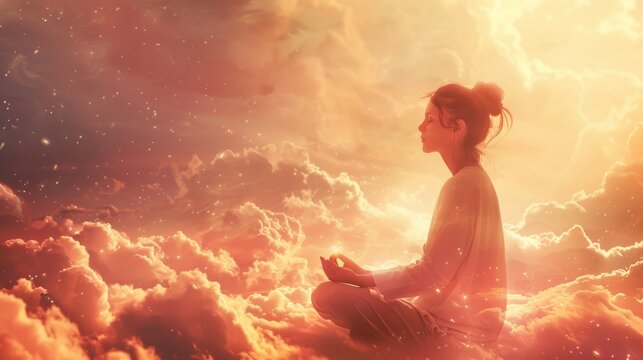 A serene woman meditates among clouds, enveloped in warm, ethereal light, symbolizing peace, mindfulness, and spiritual awakening.