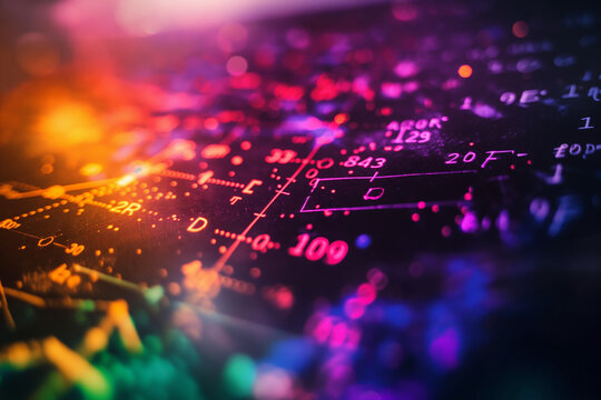 technology of digital data in blurred graphs representing different charts and numbers, multi colored neon light, analysis, bokeh, photorealistic // ai-generated 