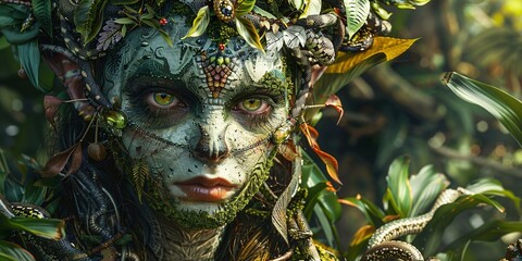 fantasy illustration of a female jungle elf covered with leaves and snakes