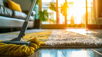 Background material image photo of a close-up of a mop cleaning the flooring, the background is a bright living room