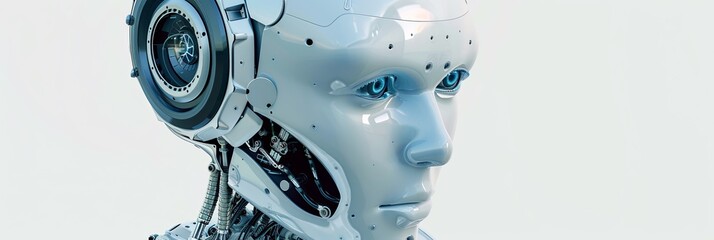 Leinwandbilder - A 3D rendering of an AI robot head with a digital brain engine visible inside. The robot is isolated on a white background and has a clipping path. Generative AI