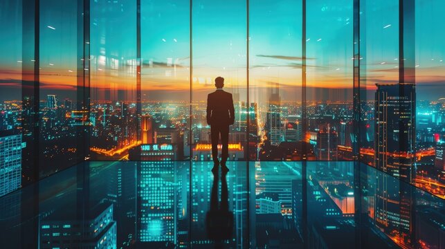 A man stands in a glass room looking out at the city below. The room is filled with glass windows, giving the impression of being on top of a skyscraper. The city below is lit up at night