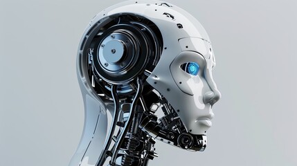 Poster - A 3D rendering of an AI robot head with an exposed digital brain engine, isolated on a white background with clipping path. Generative AI