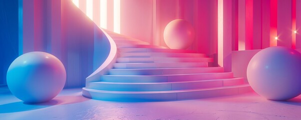 Poster - A room with a spiral staircase and three white spheres