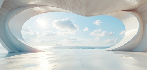 Poster - an open space interior design featuring an abstract white concrete floor and a curved glass wall, with a sky background, ideal for a business center or museum entrance.
