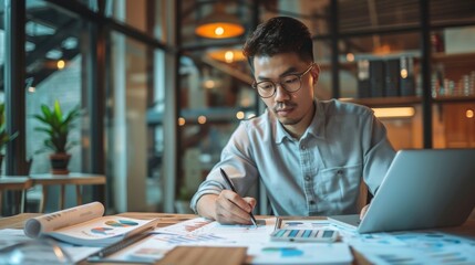Poster - A man is sitting at a desk with a laptop and a pen. He is writing on a piece of paper