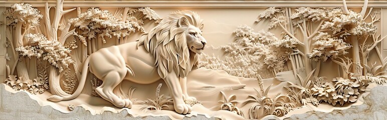 Wall Mural - Beautiful lions 3d relief wallpaper. Mural wallpaper. Wall art. AI generated illustration.