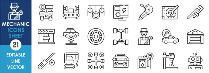 Aufkleber - A set of line icons related to mechanics. Mechanic, repair, robot, automatic, car, plumber, garage, tools, equipments and so on. Vector outline icons set.