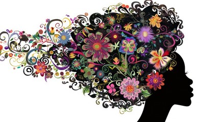 Wall Mural - Illustrate a colorful clip art of a black woman's silhouette with beautifully detailed flowers cascading through her hair. isolated white background