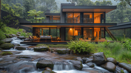 Wall Mural - Photo of a contemporary mountain home in Tasmania taken from the outside, with expansive glass walls in the loungeroom, and a serene stream flowing down the hillside,