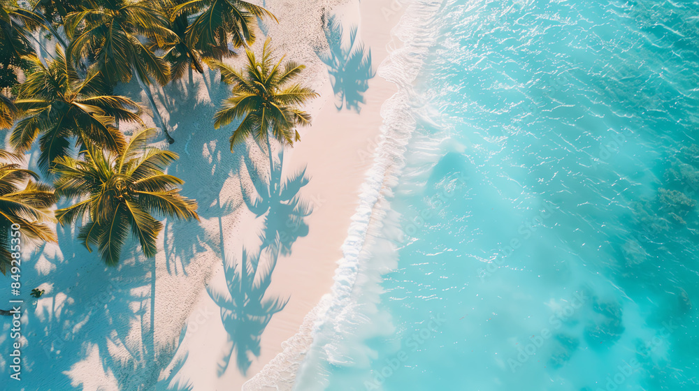 Aerial view of a tropical beach with palm trees casting shadows on the ...