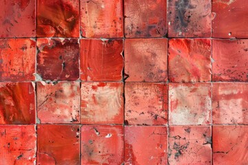 Wall Mural - Red background of square red terracotta tiles with dirty spots.