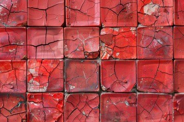 Wall Mural - Red background of square red terracotta tiles with dirty spots.