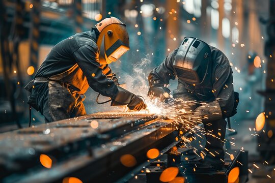 A vibrant, action-packed image of two workers welding with sparks flying, ideal for a background showcasing industry labor