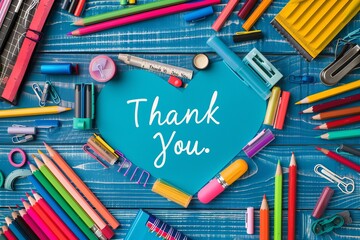 A cheerful, top-down view of assorted school supplies surrounding a heart-shaped message saying Thank you, making it a best-seller for educational themes