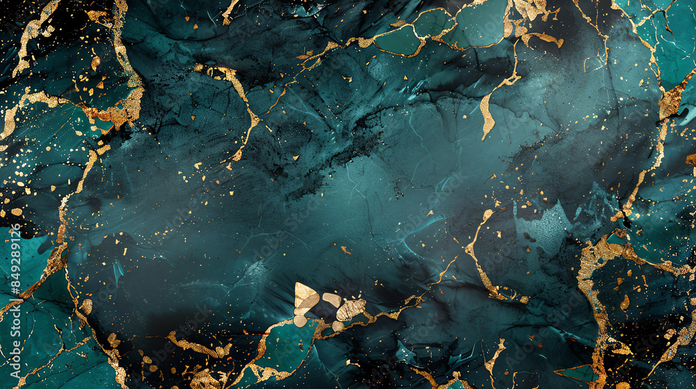 Elegant teal and gold abstract marble texture with fluid, swirling ...