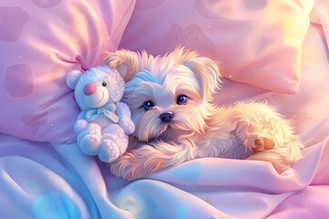 Wall Mural - Chibi Puppy with a Stuffed Animal: An adorable 3D kawaii illustration of a chibi puppy lying on a pastel-colored bed