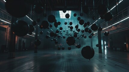 Wall Mural - A dark room with many black balloons hanging from the ceiling.