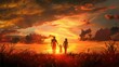 © narak0rn - Silhouette of a family walking hand in hand against a stunning sunset backdrop, capturing a moment of love, togetherness, and natural beauty.