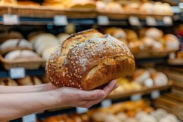 Poster - Hand Holds a Loaf of Artisan Bread at Grocery Store