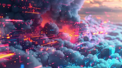 Leinwandbilder - A digital visualization of cloud computing, featuring data processing and AI operations in a colorful and abstract cloud environment. Generative AI