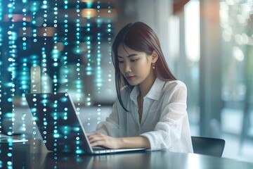 Poster - Asian woman programmer working on laptop with digital code overlay in modern office. Cybersecurity and programming concept. Advanced software development. Digital technology and network protection