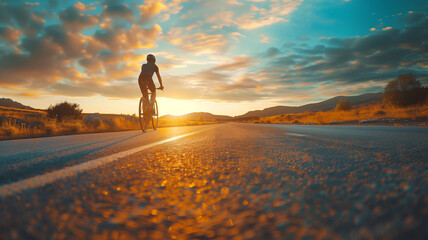 A cyclist riding on the road in front of beautiful nature, sunlight, and the golden hour
