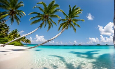 tropical beach featuring leaning palm trees and clear blue water