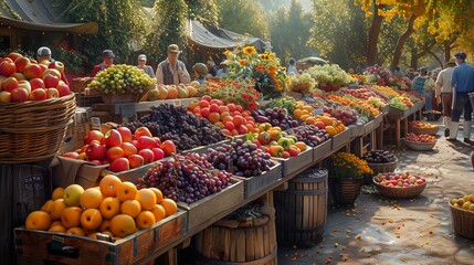 Sticker - A Vibrant Outdoor Market Stall Filled With Fresh Produce on a Sunny Autumn Day