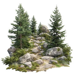 Wall Mural - Forested mountain path with lush green pines and grey rocks, cut out