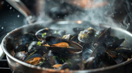 Poster - A pot of mussels being steamed, with white wine and herbs, the lid slightly open revealing the delicious dish