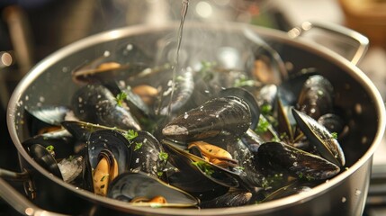 Canvas Print - A pot of mussels being steamed, with white wine and herbs, the lid slightly open revealing the delicious dish