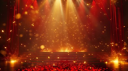 Wall Mural - an elegant view of award stage with red and golden light rays and sparks,a beautiful background