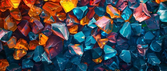 A colorful mosaic of blue, orange, and purple stones