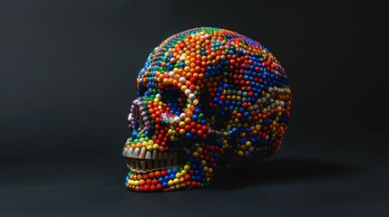 Wall Mural - Illustrate the concept of remembrance and celebration with a striking stock photo showcasing a human skull crafted from colorful beads, honoring the memory of loved ones against a black backdrop. 