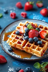 Wall Mural - Hot belgian waffles with blueberries strawberries and caramel sauce