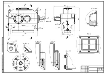 Assembly drawing of reducer. Vector drawing of steel mechanical device with shaft, gear, 
electric engine, bolted connection and dimension lines. Engineering cad scheme. Technical template. 